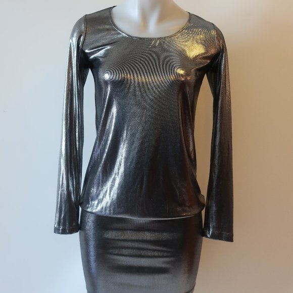 Womens RN CONVERTIBLE Pewter Metallic Long Sleeve Bodycon Mini Dress P US/XS * - Picture 5 of 13